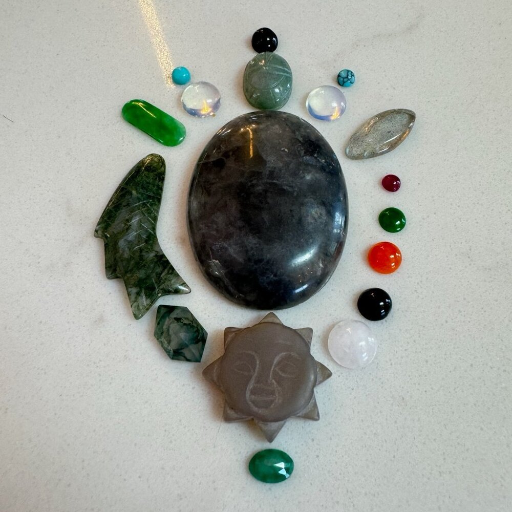 Gemstone Cabochon Lot with Labradorite, Emerald, Jade, Turquoise, Moonstone